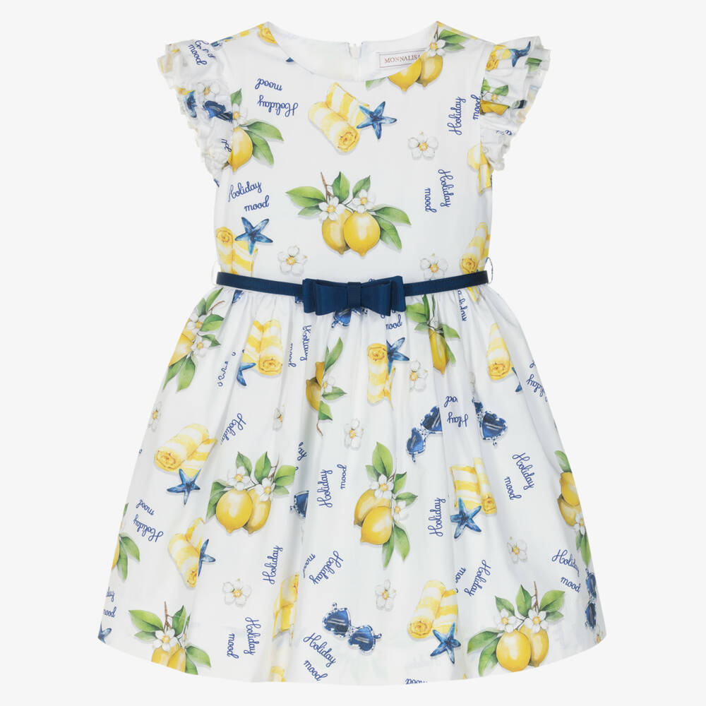 Monnalisa-Girls White Cotton Holiday Print Belted Dress | Childrensalon Outlet