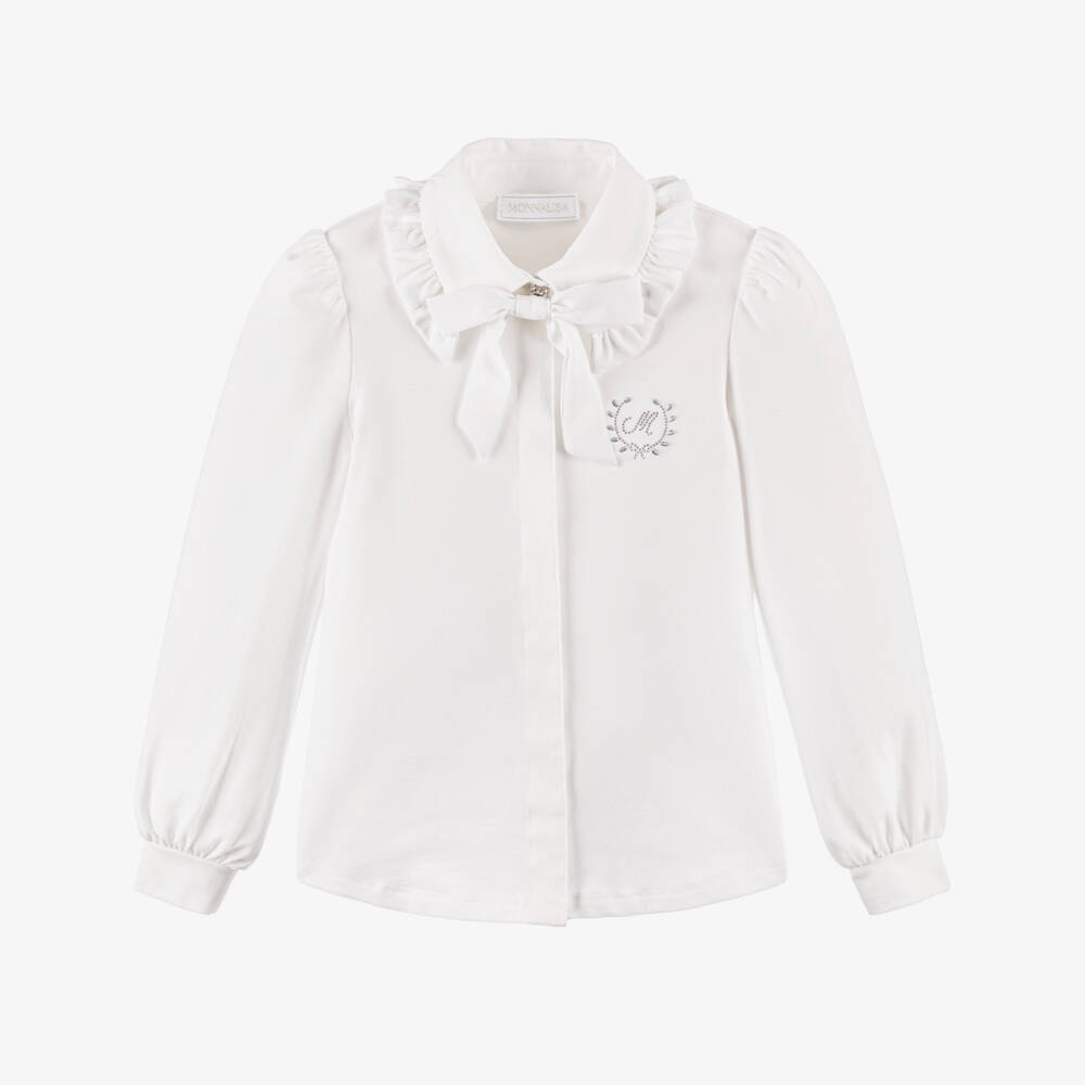 Monnalisa-Girls White Cotton Jersey Bow & Frill Collar Blouse | Childrensalon Outlet