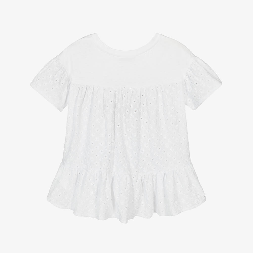Monnalisa-Girls White Cotton Lace-Trim Top | Childrensalon Outlet