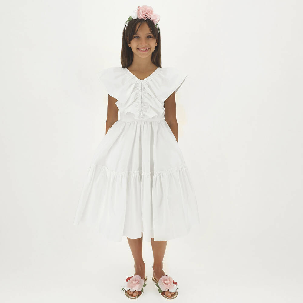 Monnalisa-Girls White Cotton Midi Dress | Childrensalon Outlet
