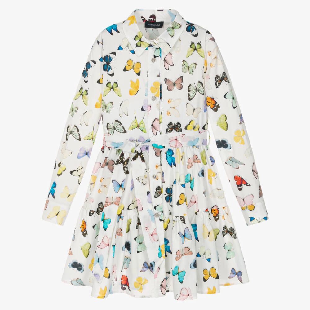 Monnalisa-Girls White Cotton Poplin Dress with Butterfly Print | Childrensalon Outlet