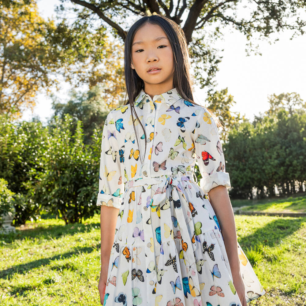 Monnalisa-Girls White Cotton Poplin Dress with Butterfly Print | Childrensalon Outlet