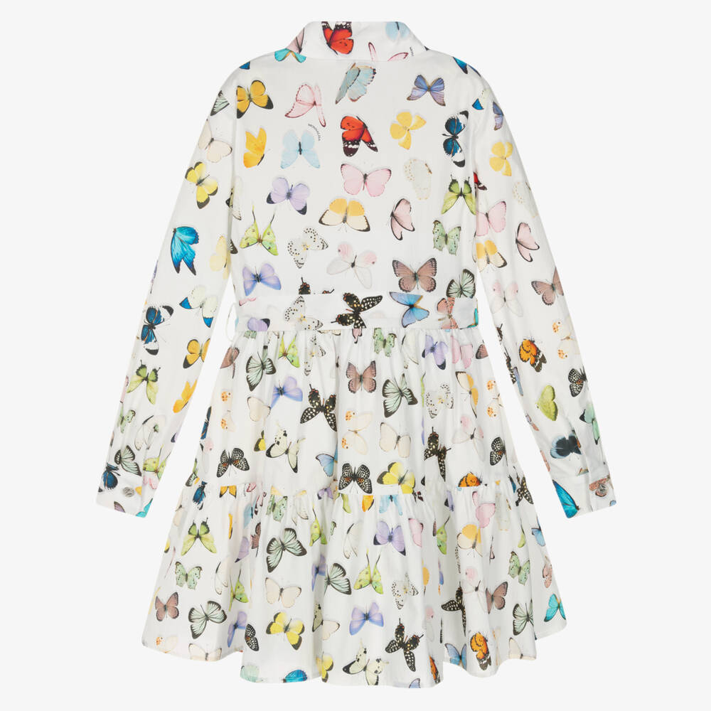 Monnalisa-Girls White Cotton Poplin Dress with Butterfly Print | Childrensalon Outlet