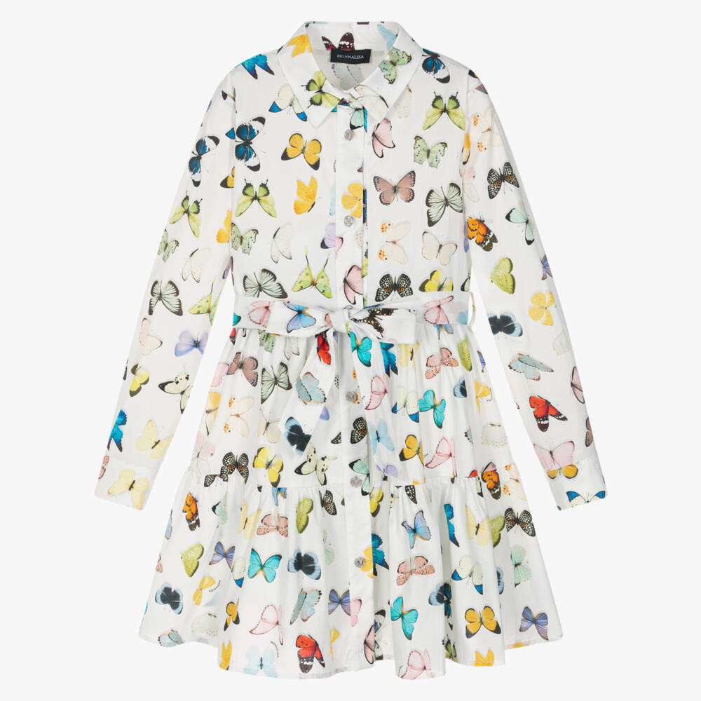 Monnalisa-Girls White Cotton Poplin Dress with Butterfly Print | Childrensalon Outlet