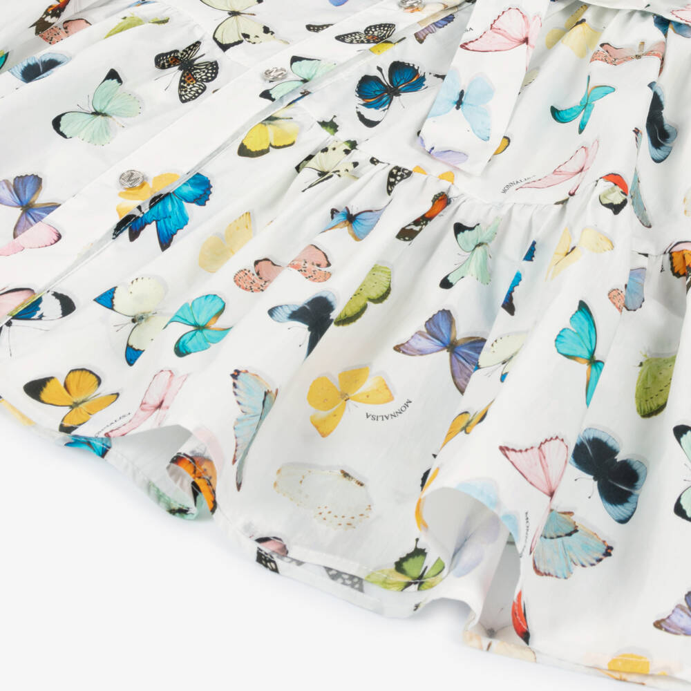 Monnalisa-Girls White Cotton Poplin Dress with Butterfly Print | Childrensalon Outlet