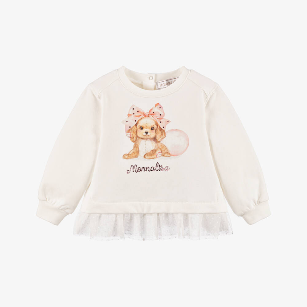 Monnalisa-Girls White Cotton Puppy & Logo Sweatshirt with Diamantés | Childrensalon Outlet