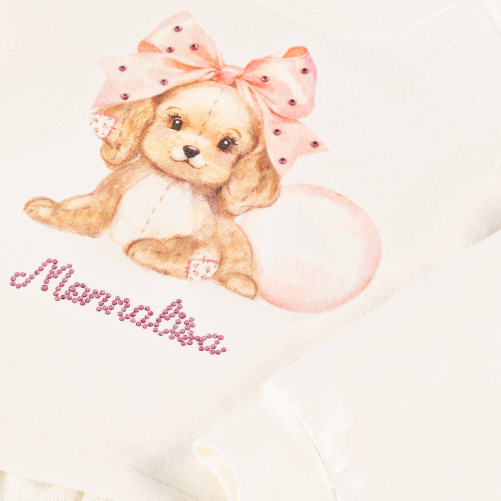 Monnalisa-Girls White Cotton Puppy & Logo Sweatshirt with Diamantés | Childrensalon Outlet