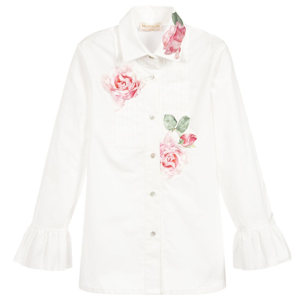 Monnalisa Chic - Girls White Cotton Roses Shirt | Childrensalon