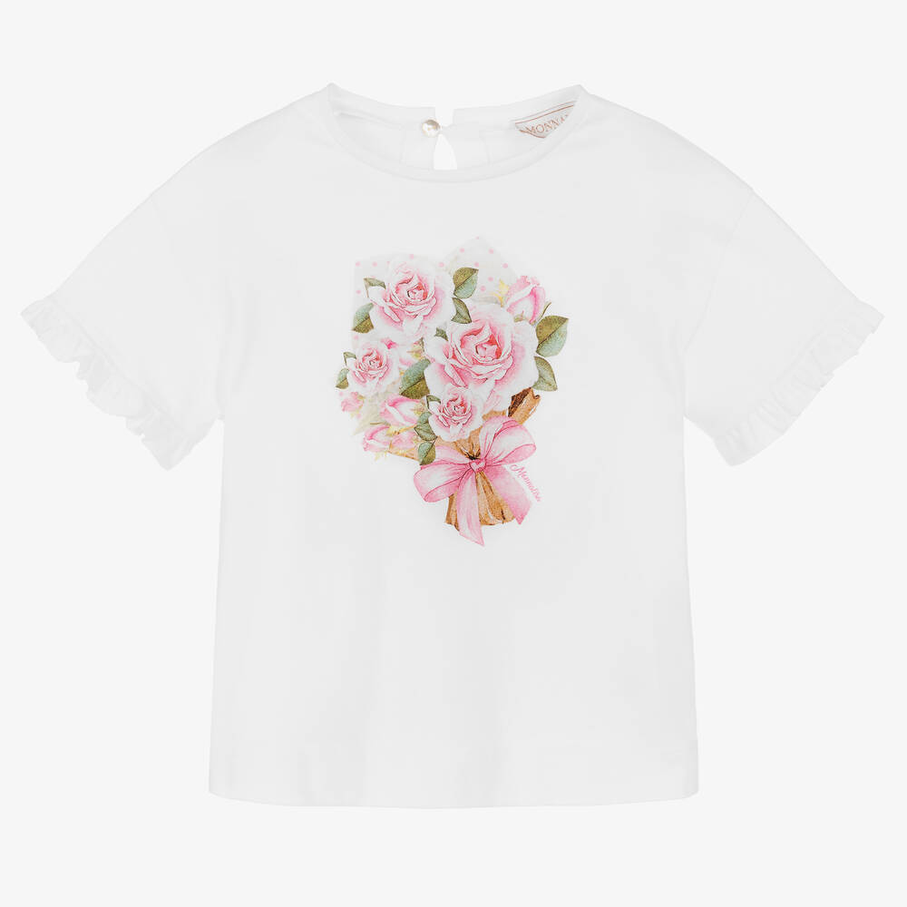 Monnalisa - Girls White Cotton Roses T-Shirt | Childrensalon