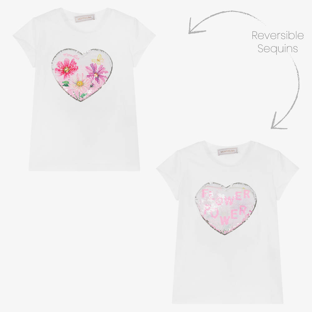 Monnalisa - Белая хлопковая футболка с сердцем из пайеток | Childrensalon