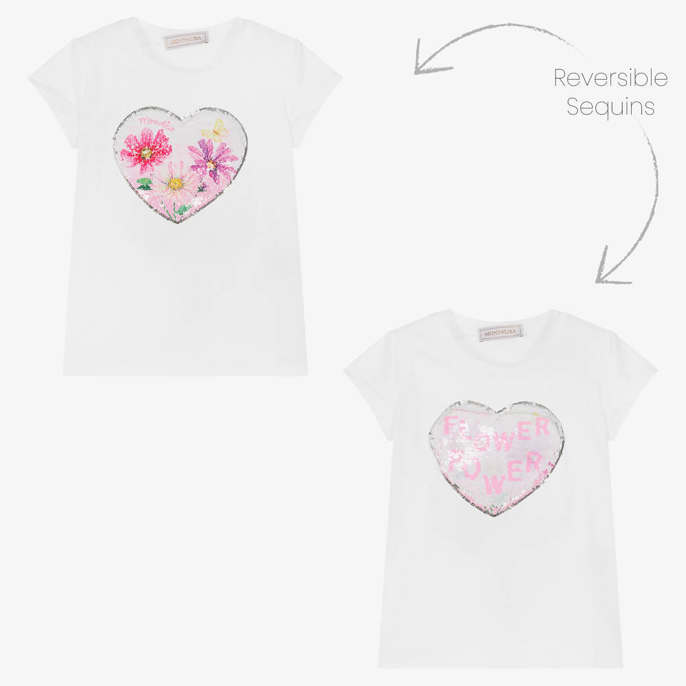 Monnalisa-Белая хлопковая футболка с сердцем из пайеток | Childrensalon Outlet