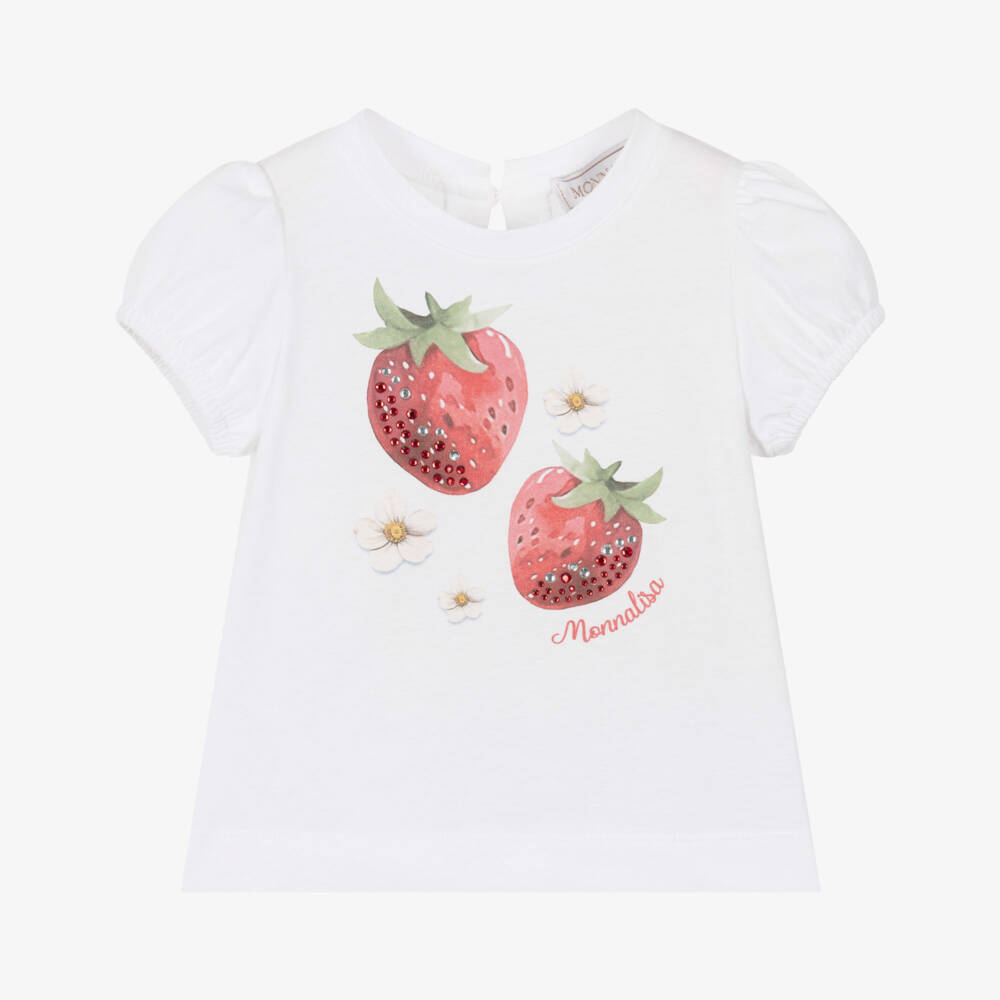 Monnalisa-Girls White Cotton Strawberries T-Shirt | Childrensalon Outlet