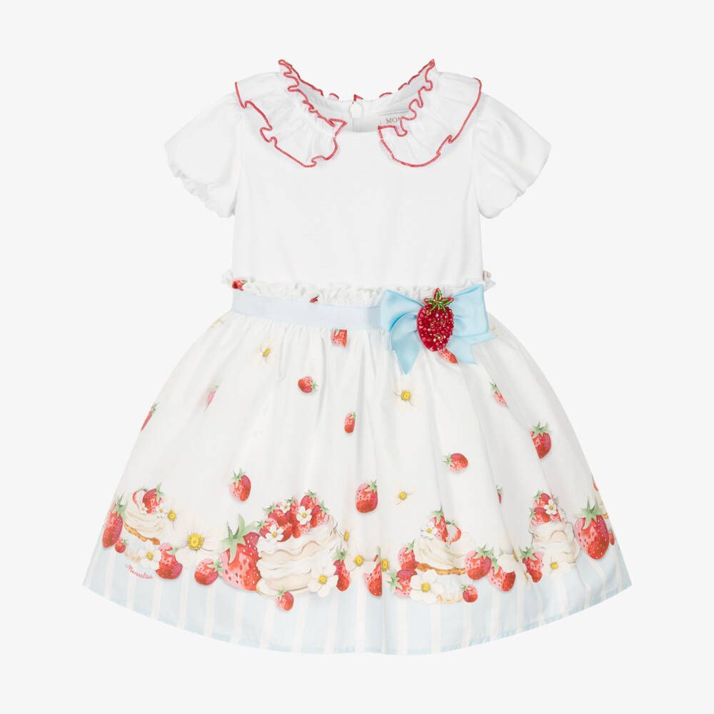 Monnalisa-Girls White Cotton Strawberry Cake Print Dress | Childrensalon Outlet