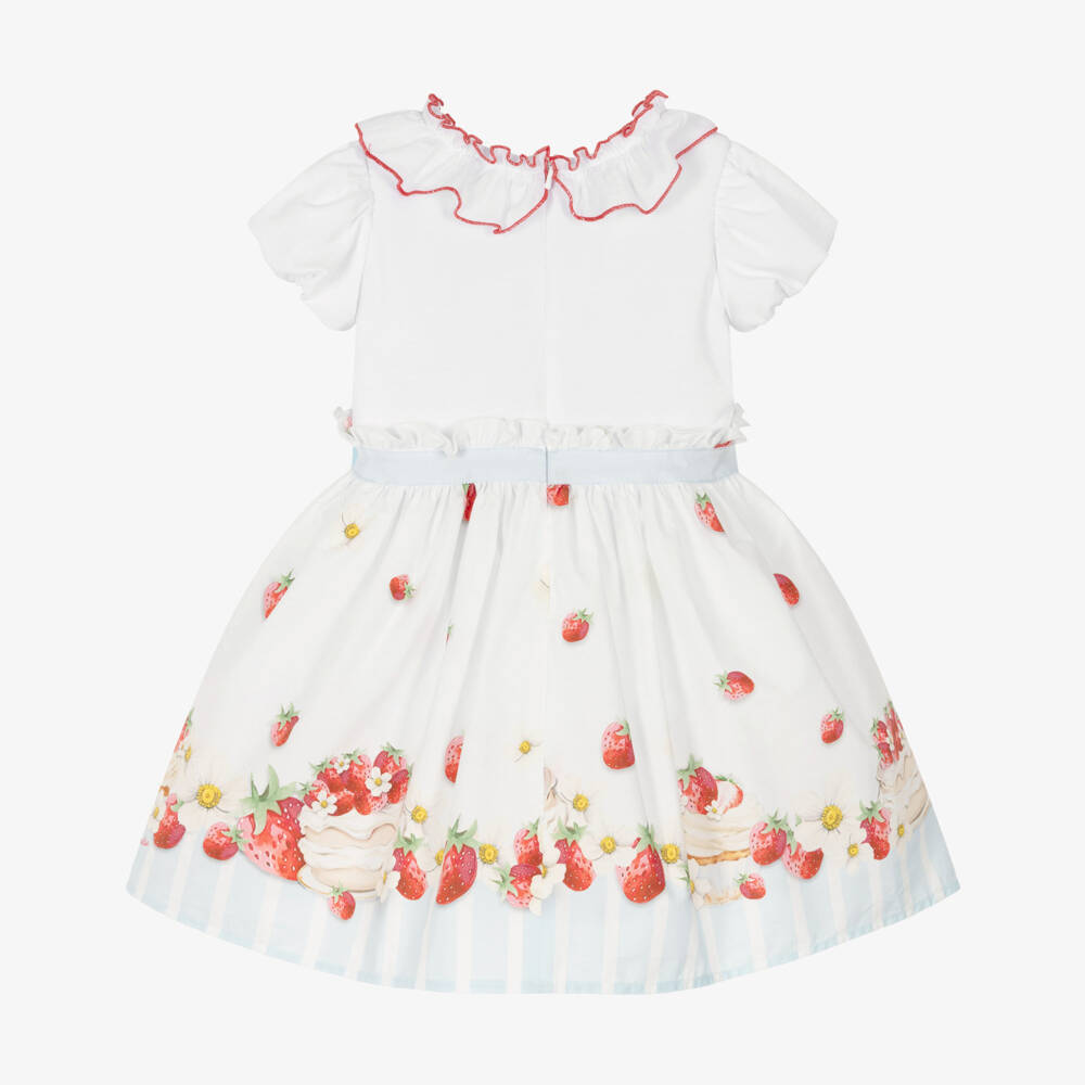 Monnalisa-Girls White Cotton Strawberry Cake Print Dress | Childrensalon Outlet