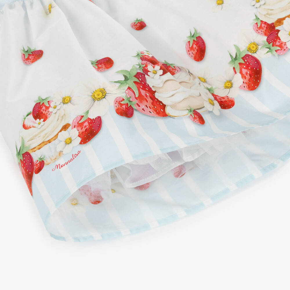 Monnalisa-Girls White Cotton Strawberry Cake Print Dress | Childrensalon Outlet