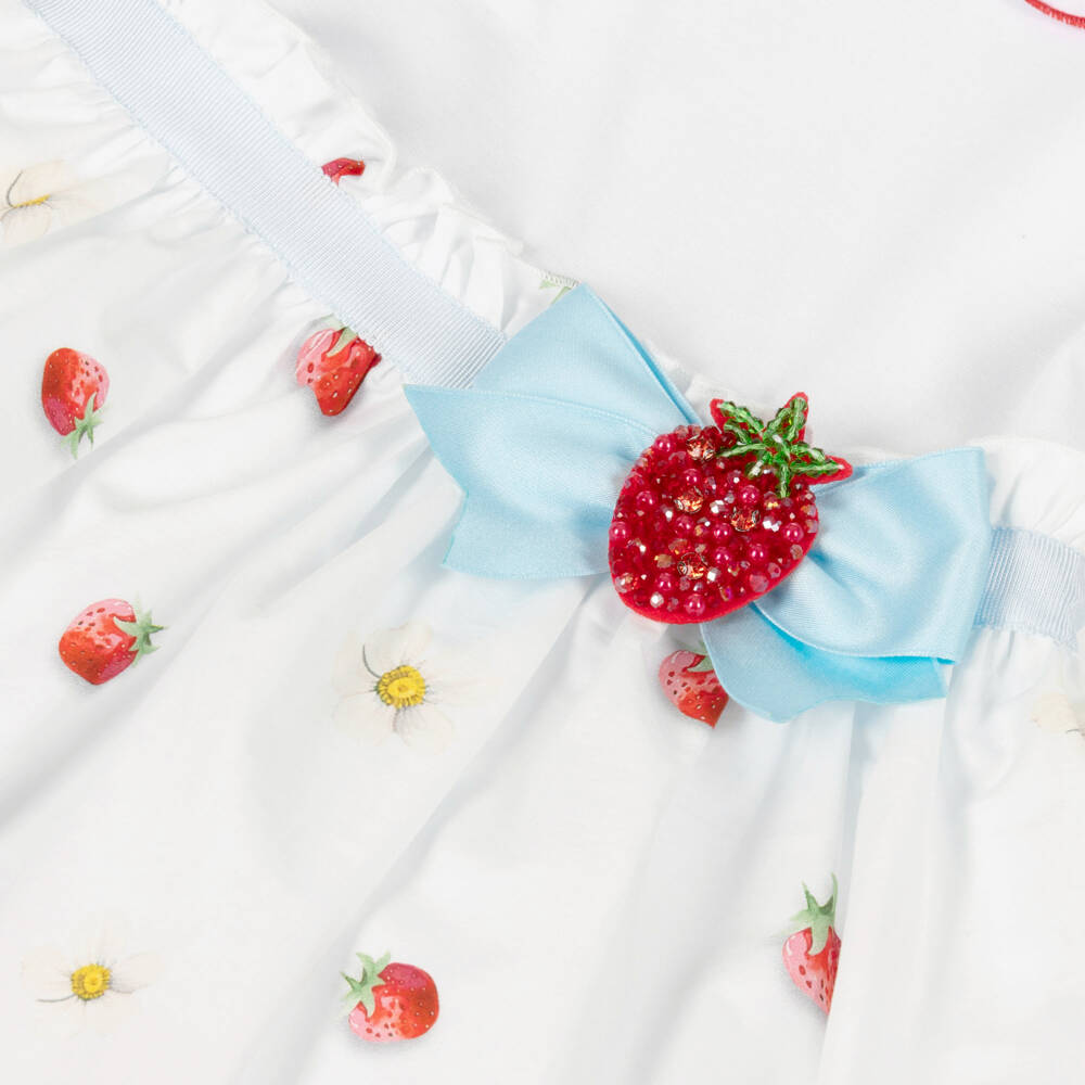 Monnalisa-Girls White Cotton Strawberry Cake Print Dress | Childrensalon Outlet