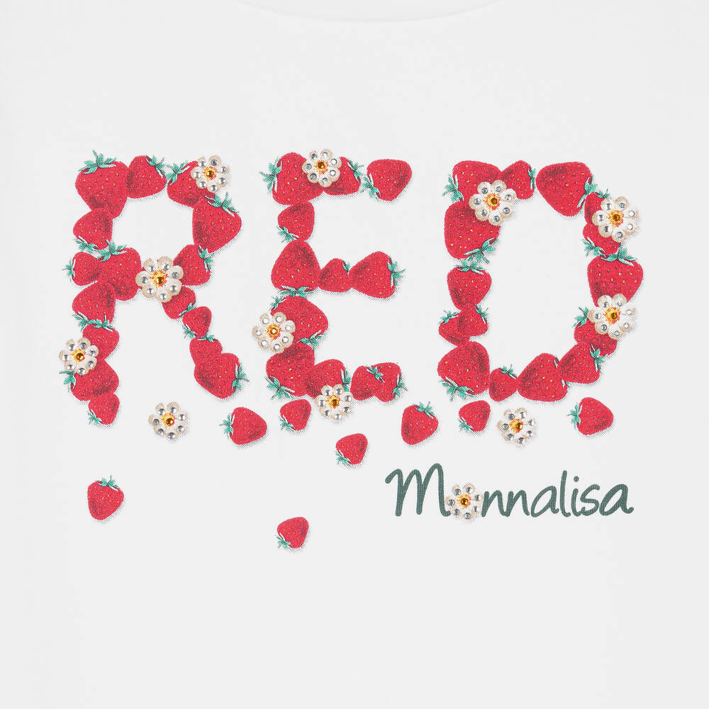 Monnalisa-Girls White Cotton Strawberry T-Shirt | Childrensalon Outlet