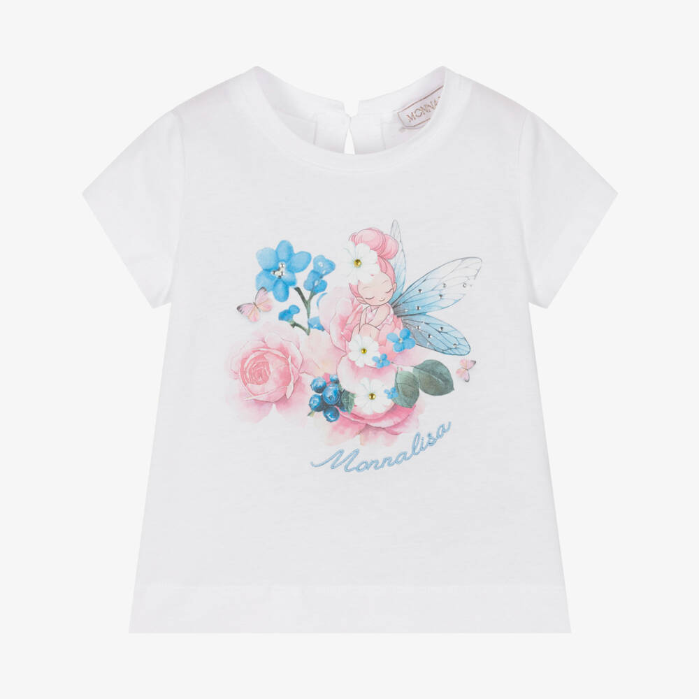 Monnalisa-Girls White Cotton T-Shirt with Fairy Design | Childrensalon Outlet