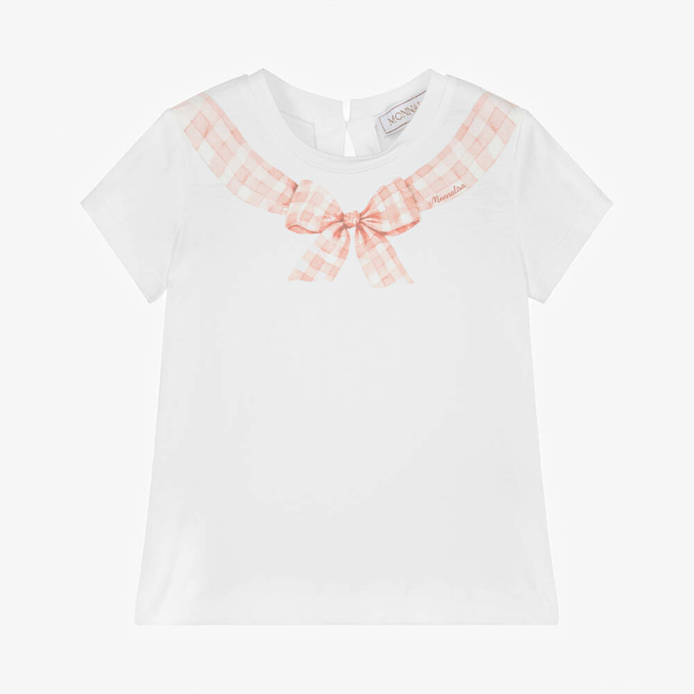 Monnalisa-Girls White Cotton T-Shirt with Pink Gingham Bow Print | Childrensalon Outlet