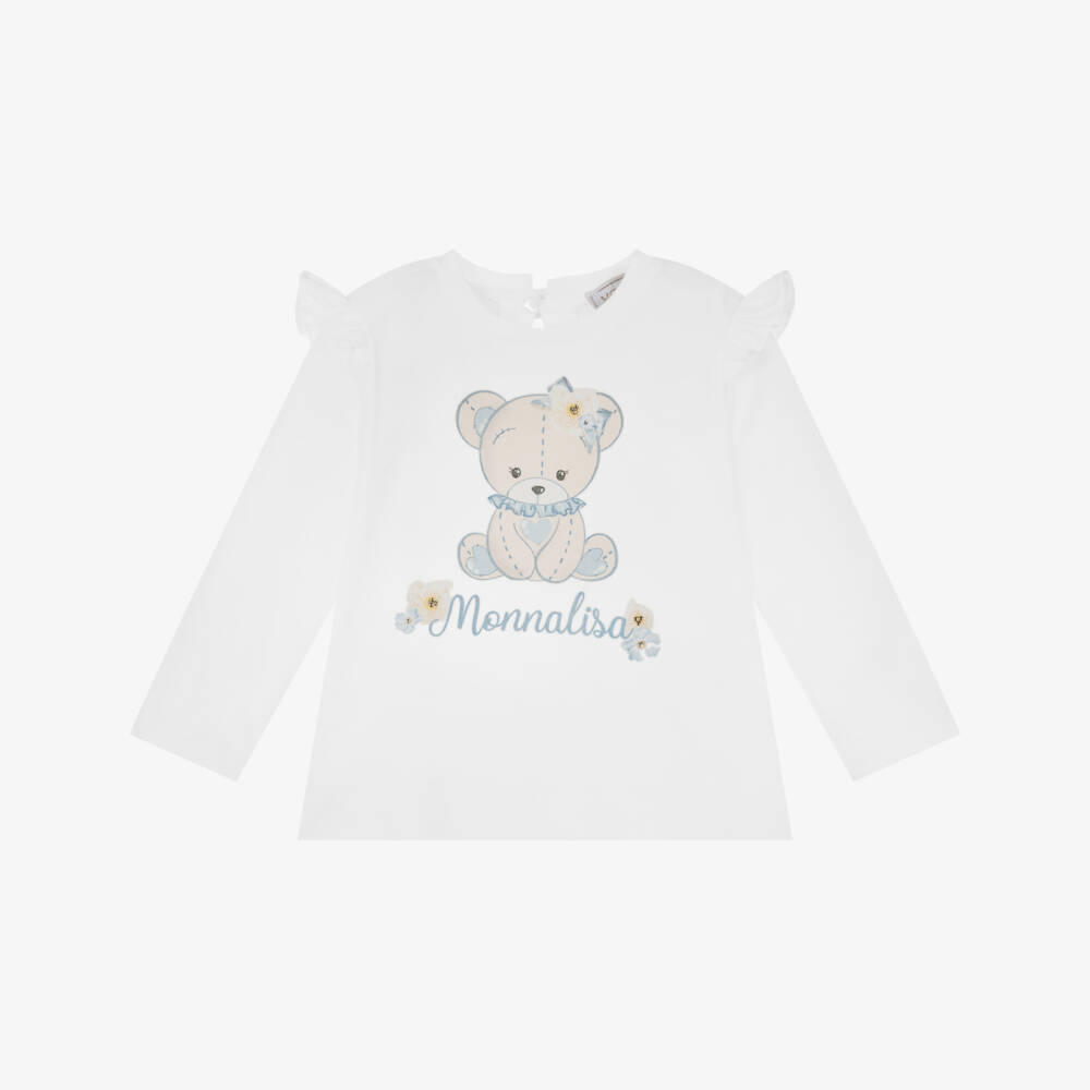 Monnalisa-Girls White Cotton Teddy Bear Logo Top with DiamantÃ©s | Childrensalon Outlet