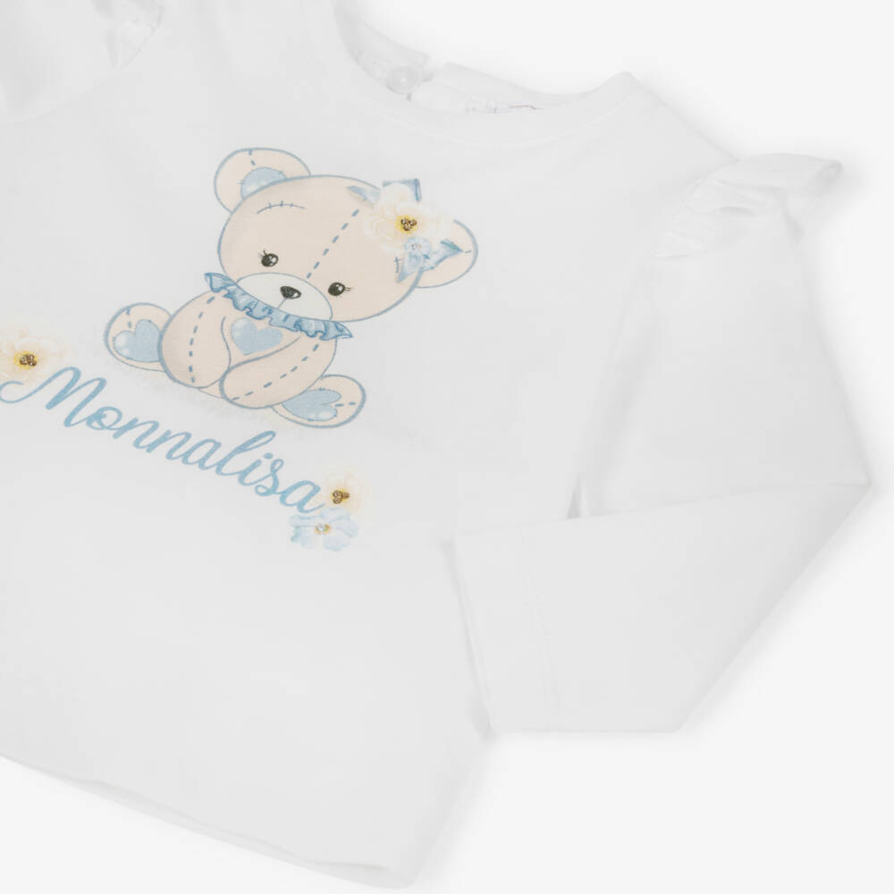 Monnalisa-Girls White Cotton Teddy Bear Logo Top with Diamantés | Childrensalon Outlet
