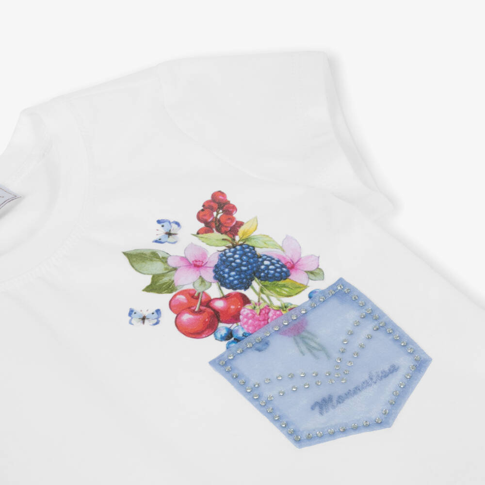 Monnalisa-Белая хлопковая футболка с фруктовым акцентом для девочек | Childrensalon Outlet