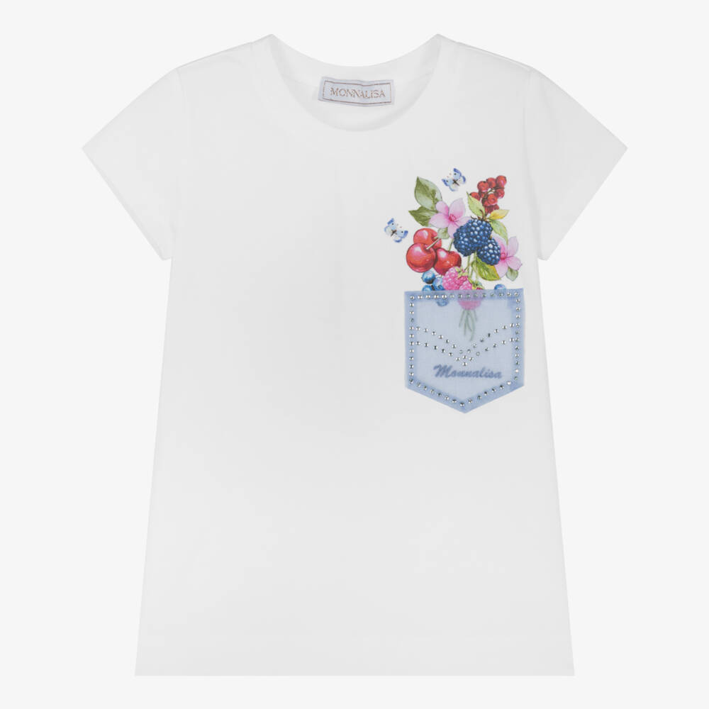 Monnalisa-تيشيرت قطني أبيض للبنات بلمسة فاكهية | Childrensalon Outlet