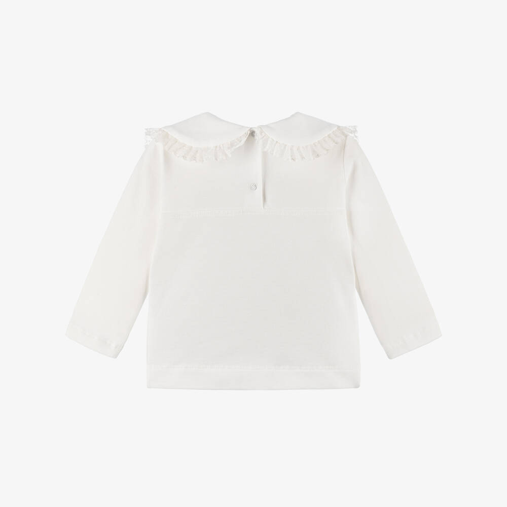 Monnalisa-Girls White Cotton Top with Lace-Trimmed Bow Collar | Childrensalon Outlet