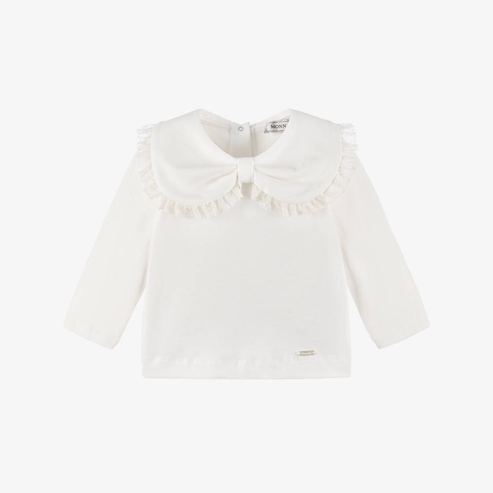 Monnalisa-Girls White Cotton Top with Lace-Trimmed Bow Collar | Childrensalon Outlet