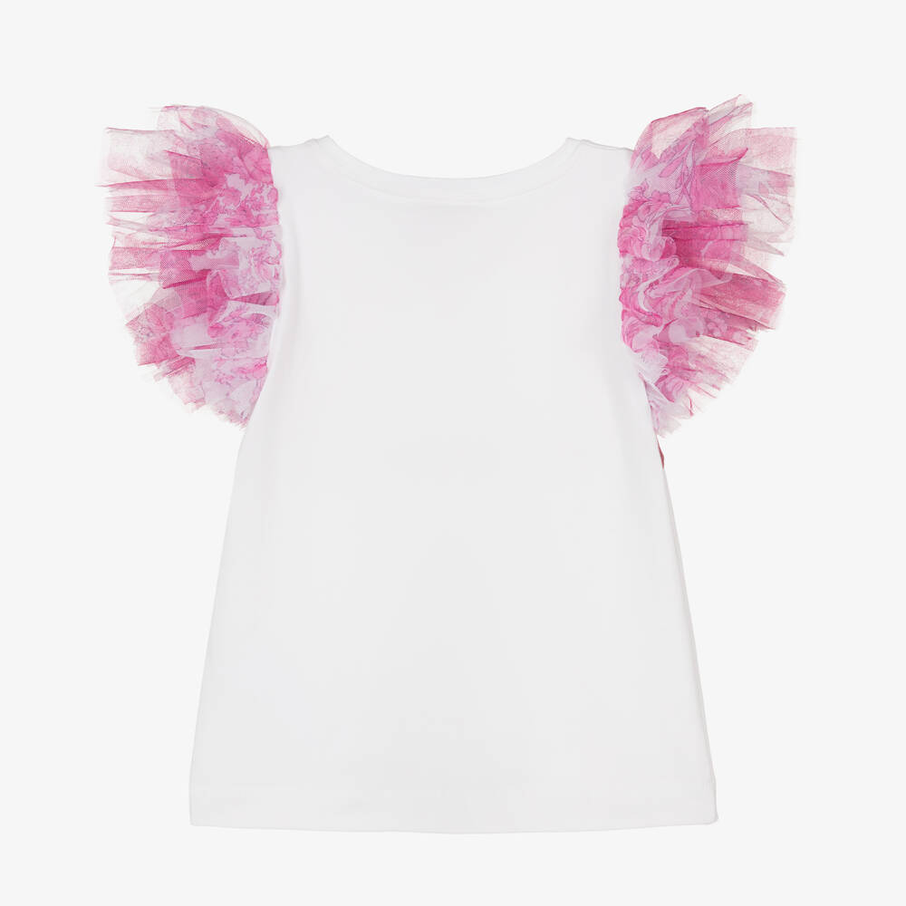 Monnalisa Chic-Girls White Cotton & Tulle T-Shirt | Childrensalon Outlet