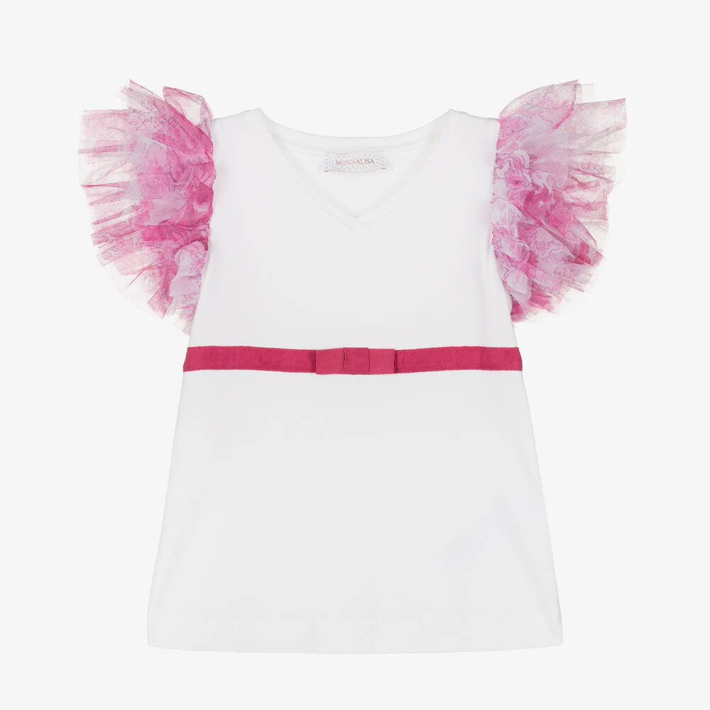 Monnalisa Chic-Girls White Cotton & Tulle T-Shirt | Childrensalon Outlet