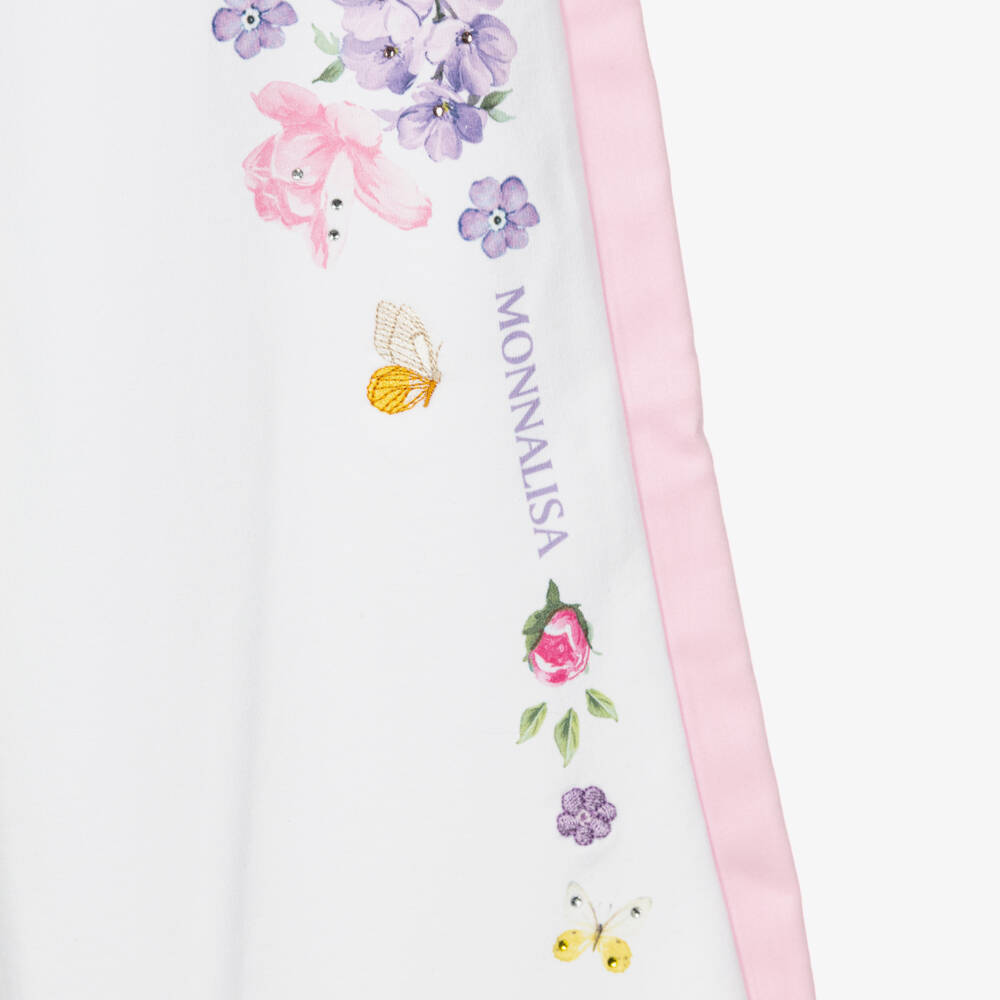 Monnalisa-Girls White Cotton Wide-Leg Floral Joggers | Childrensalon Outlet