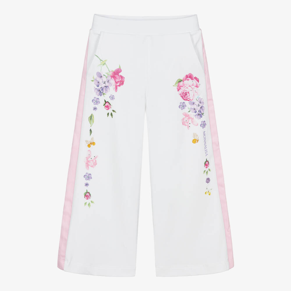 Monnalisa-Girls White Cotton Wide-Leg Floral Joggers | Childrensalon Outlet