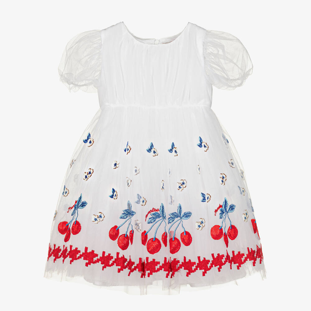 Monnalisa - Girls White Embroidered Tulle Cherry Dress | Childrensalon