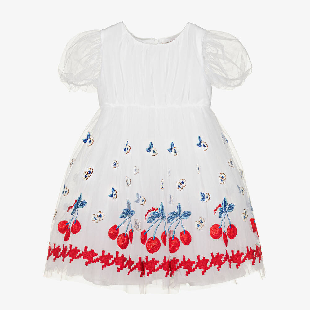 Monnalisa-Белое платье из тюля с вышитыми вишнями | Childrensalon Outlet