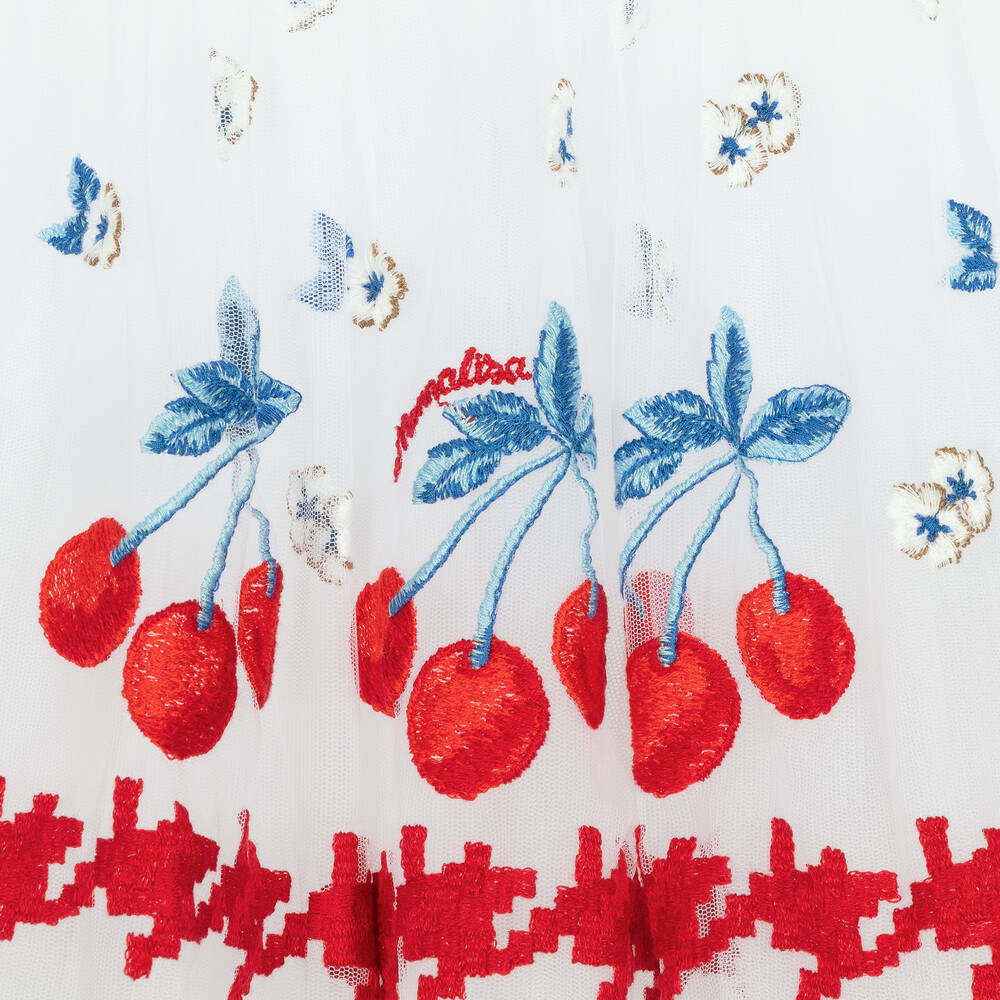 Monnalisa - Girls White Embroidered Tulle Cherry Dress Monnalisa - Girls White Embroidered Tulle Cherry Dress