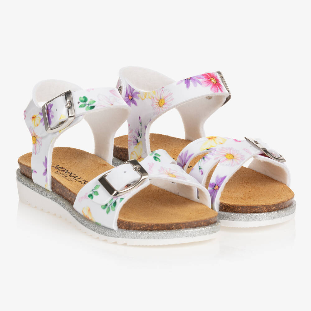 Monnalisa - Girls White Floral Buckle Sandals | Childrensalon