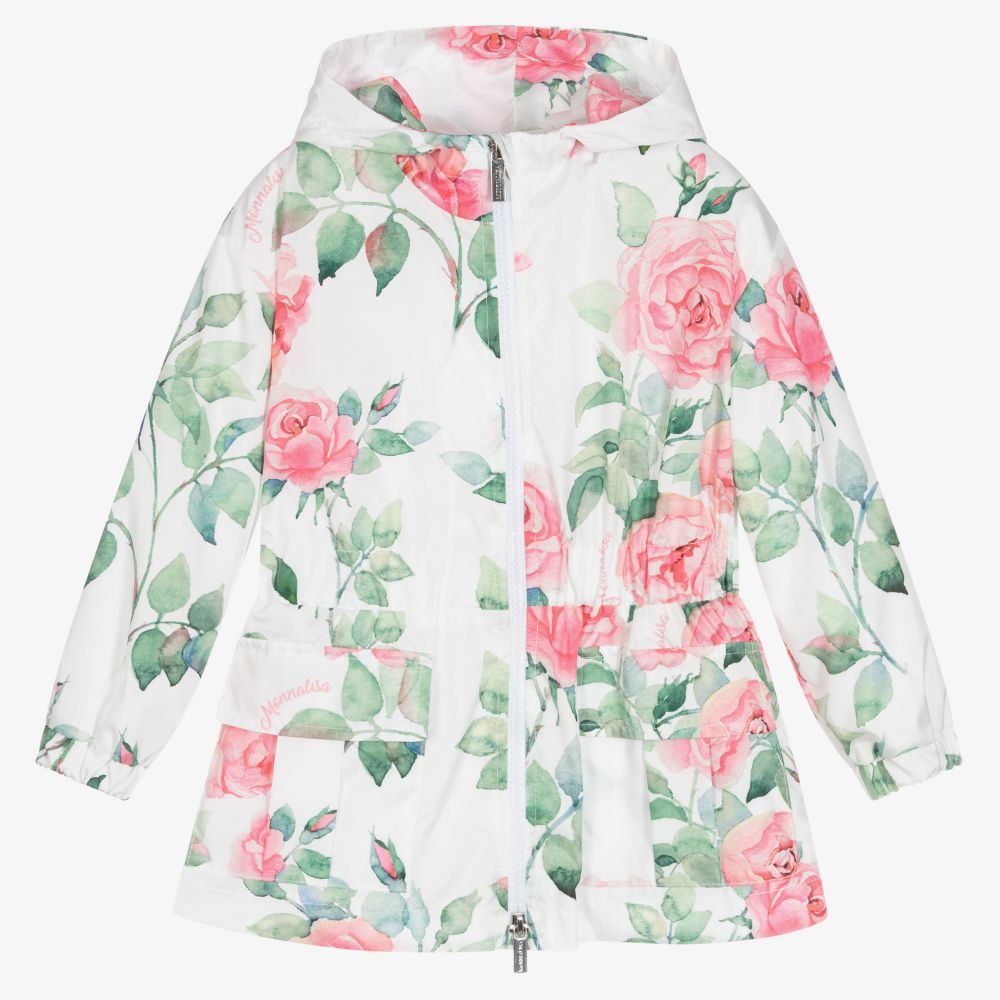 Monnalisa - Girls White Floral Coat | Childrensalon