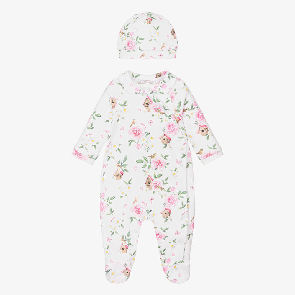Monnalisa-طقم أفرول بيبي غرو قطن لون أبيض بطبعة ورود | Childrensalon Outlet
