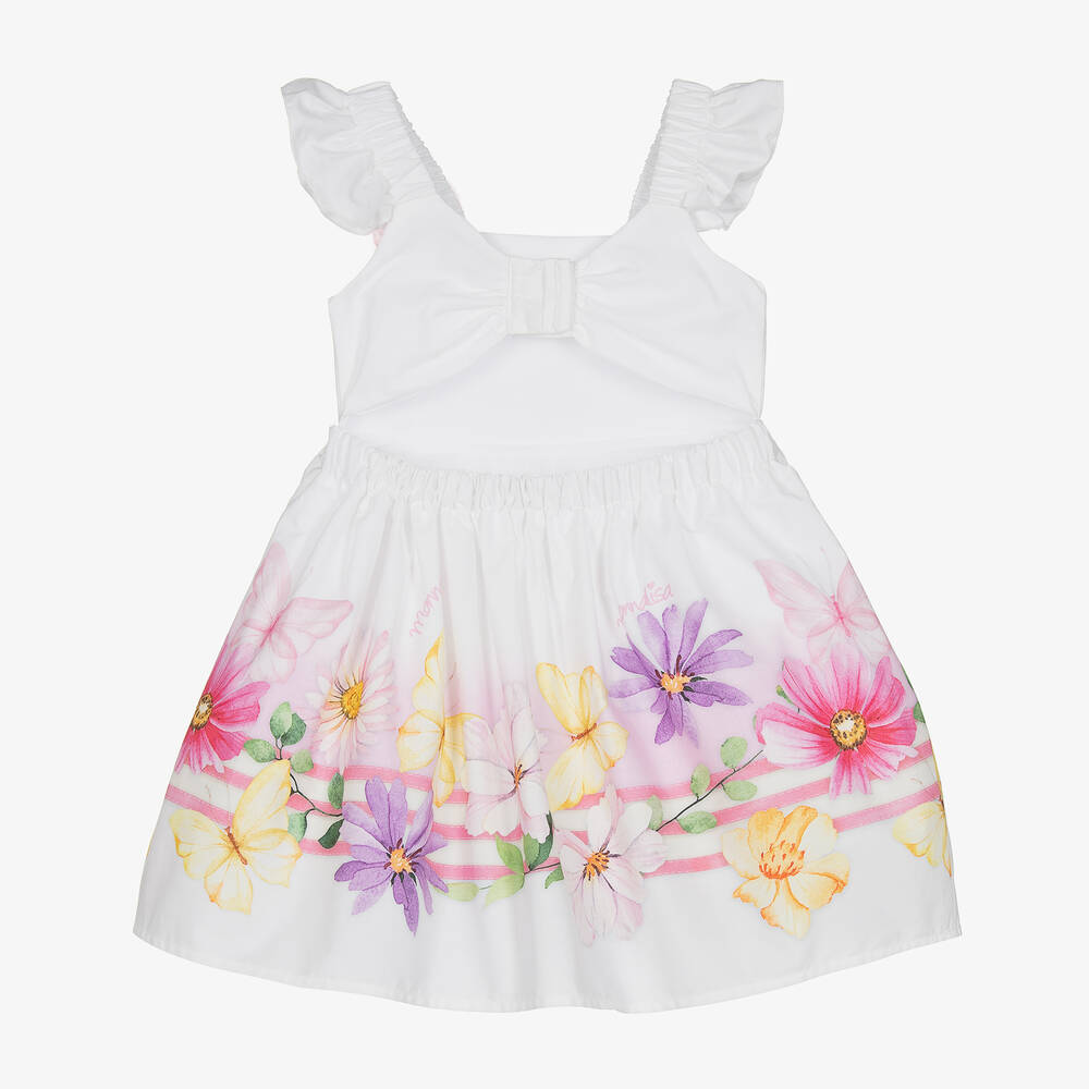 Monnalisa-Girls White Floral Cotton Butterfly Dress | Childrensalon Outlet