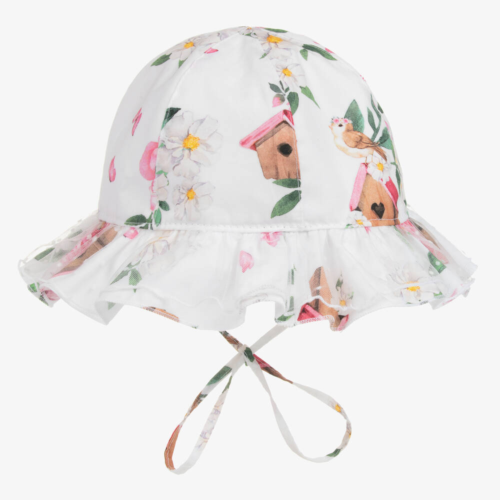 Monnalisa-Girls White Floral Cotton Hat | Childrensalon Outlet