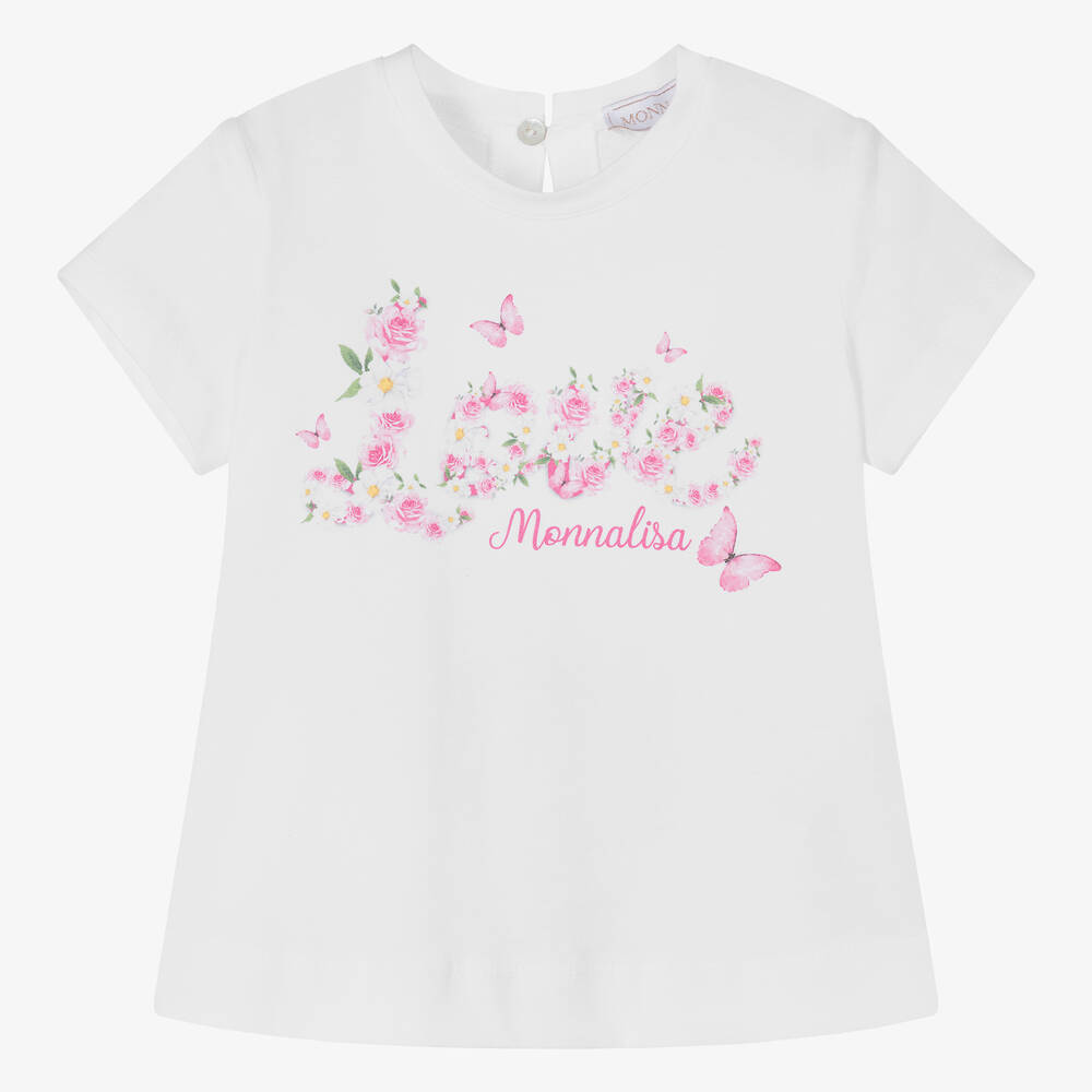 Monnalisa-تيشيرت أطفال بناتي قطن لون أبيض بطبعة ورود | Childrensalon Outlet
