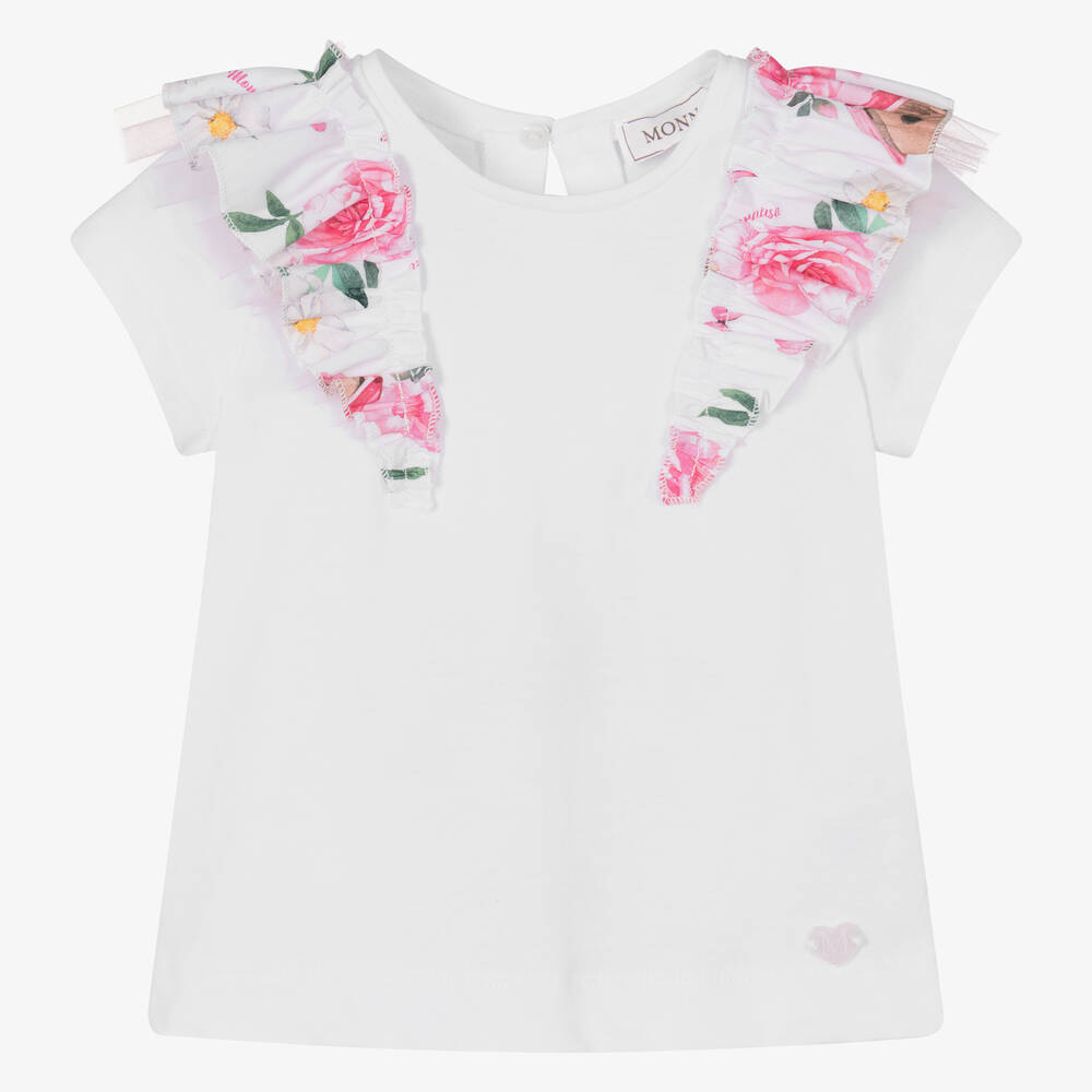 Monnalisa-Girls White Floral Cotton Ruffle T-Shirt | Childrensalon Outlet