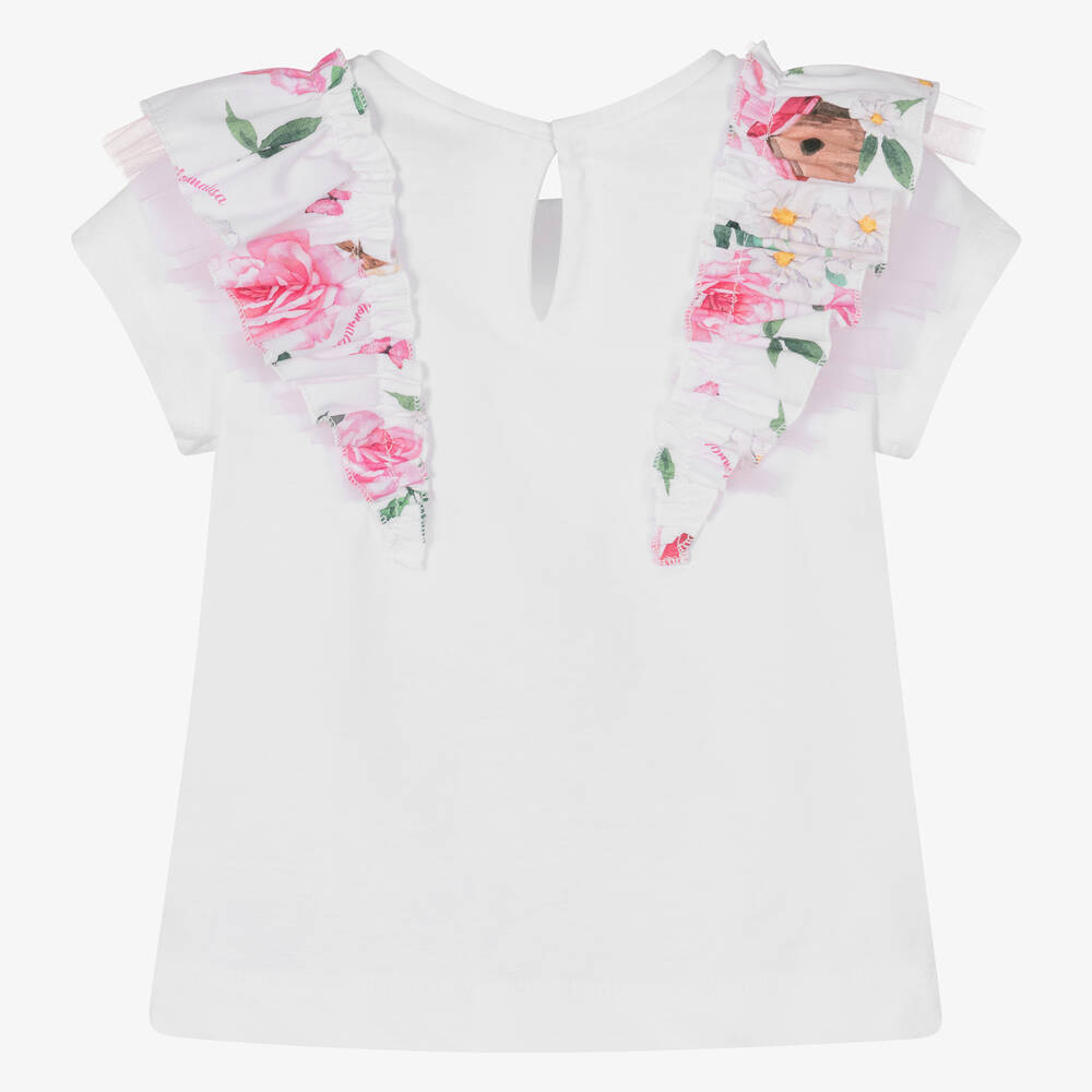 Monnalisa-Белая хлопковая футболка с рюшами с цветами для девочек | Childrensalon Outlet