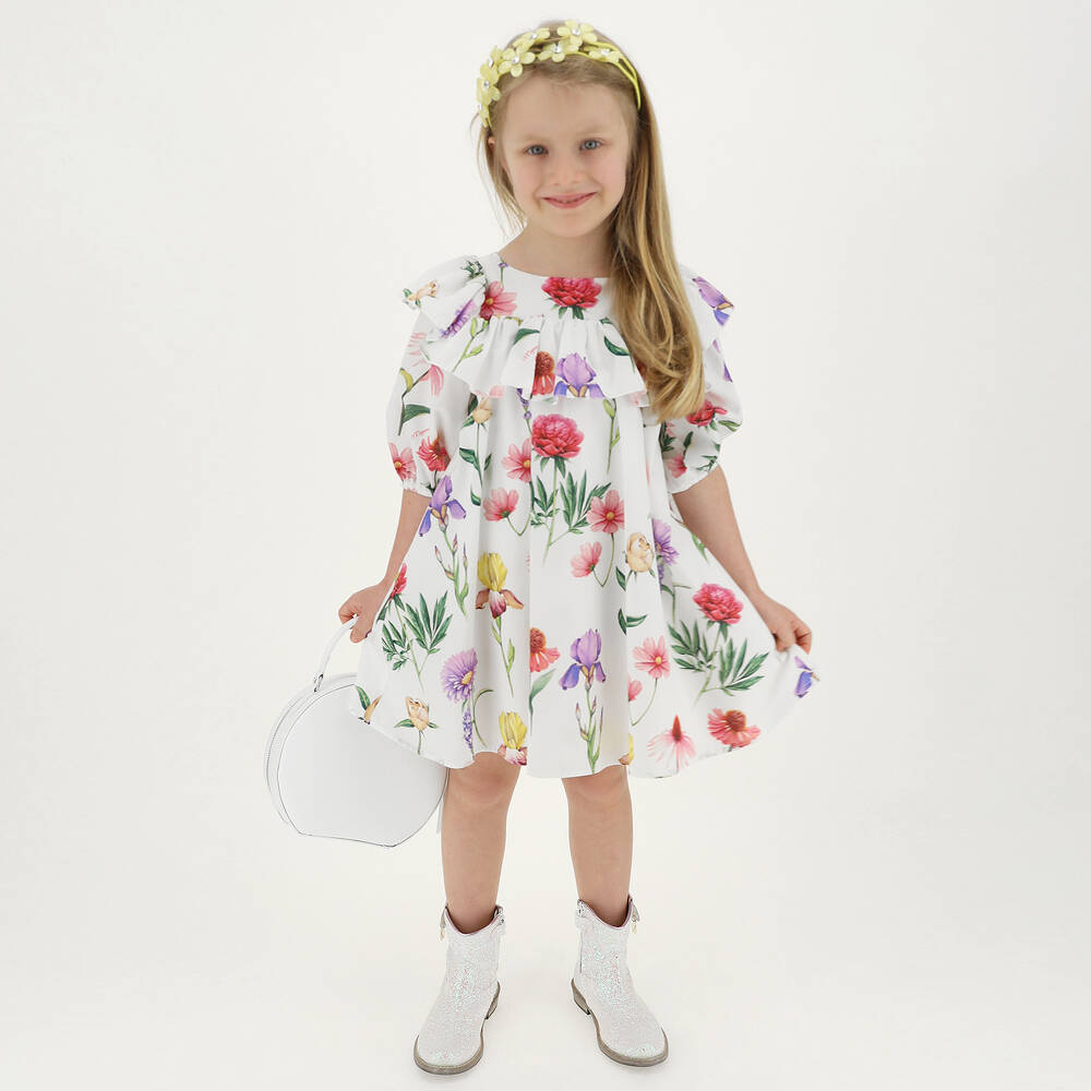 Monnalisa-Girls White Floral Dress | Childrensalon Outlet