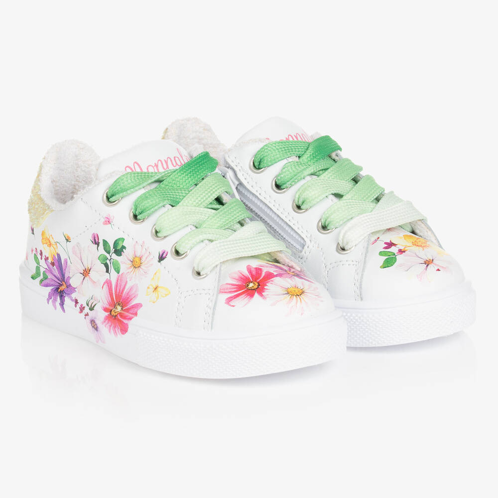 Monnalisa - Girls White Floral Leather Trainers | Childrensalon