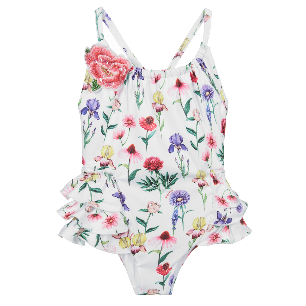 Monnalisa - Girls White Floral Swimsuit | Childrensalon