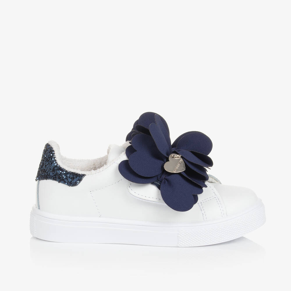 Monnalisa-Girls White Flower Leather Trainers | Childrensalon Outlet