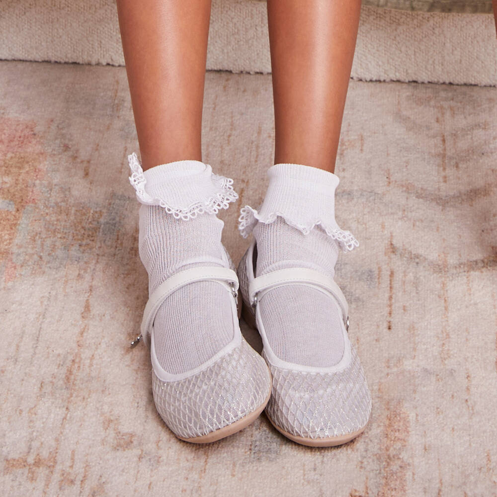Monnalisa-Girls White Glitter Mesh Mary Jane Shoes | Childrensalon Outlet