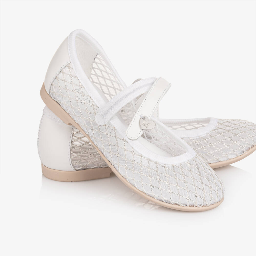 Monnalisa-Girls White Glitter Mesh Mary Jane Shoes | Childrensalon Outlet
